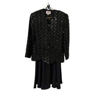 Vintage Caron Black Sequined Blazer & Black Flowy Skirt Set Sparkly Size 10